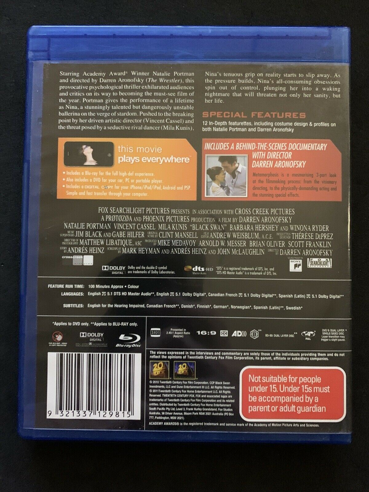 Black Swan (Blu-ray, 2010, 2-Disc Set) Natalie Portman, Mila Kunis - Region B