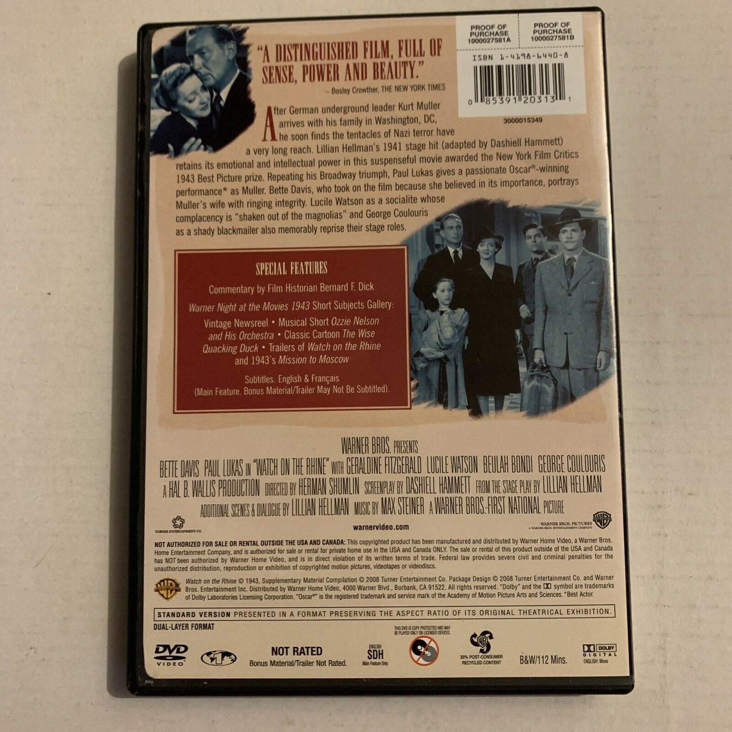 Watch On The Rhine (DVD, 1943) Bette Davis, Paul Lukas. All Regions