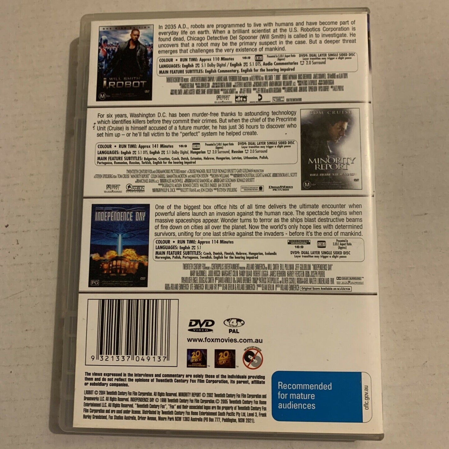 I Robot / Minority Report / Independence Day (DVD) Will Smith Region 4