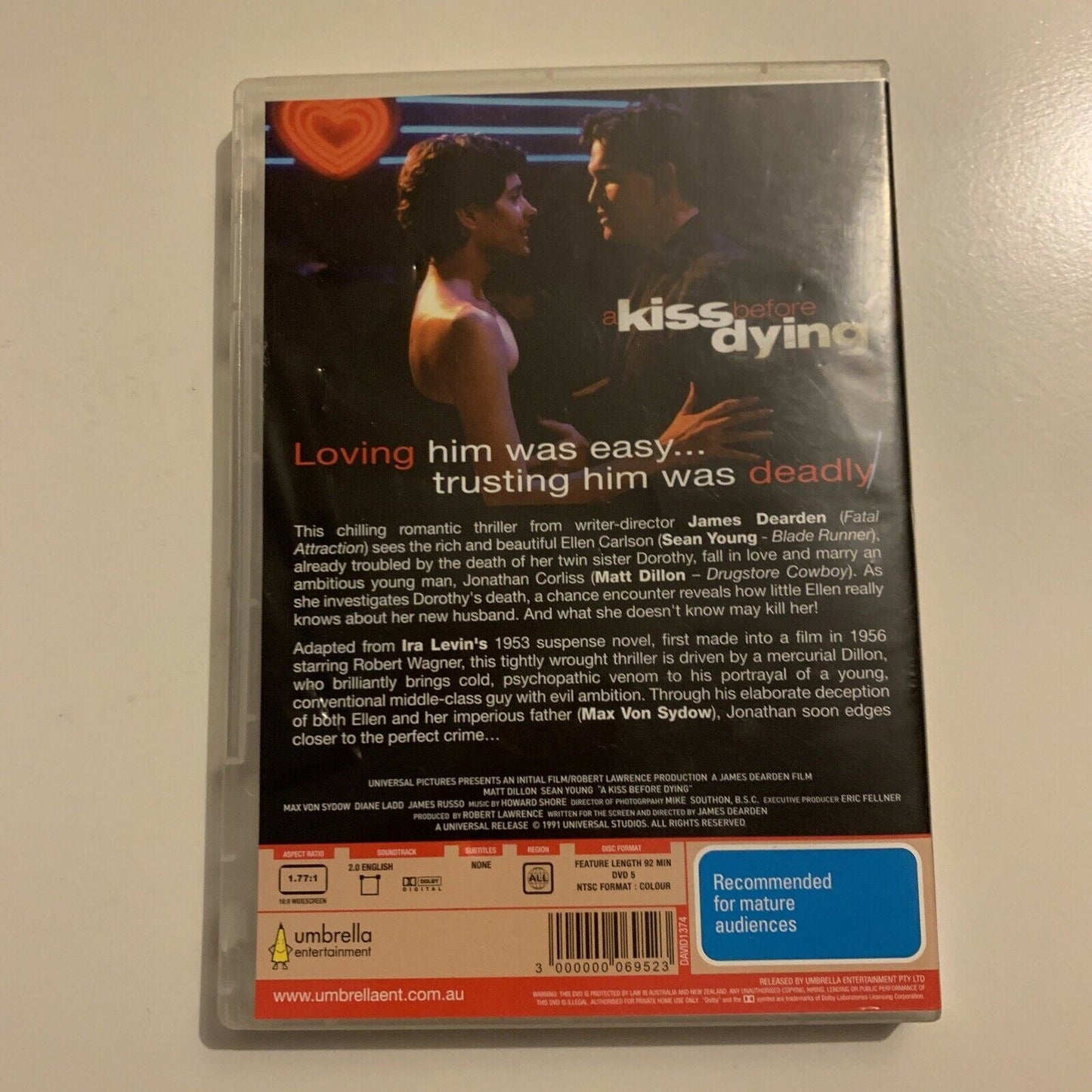 A Kiss Before Dying (DVD, 1991) Matt Dillon, Sean Young. All Regions