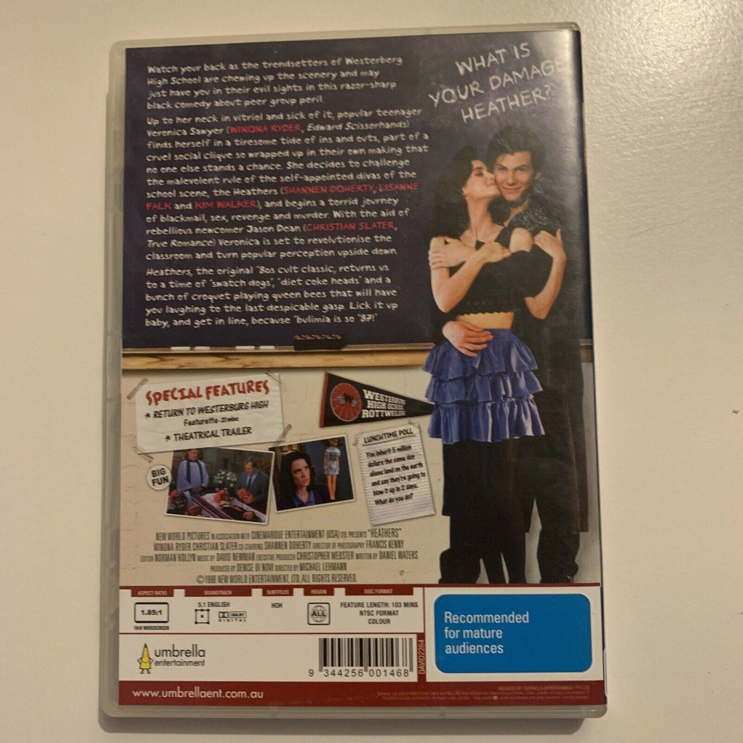 Heathers (DVD, 1988) Christian Slater, Winona Ryder, Shannen Doherty All Regions