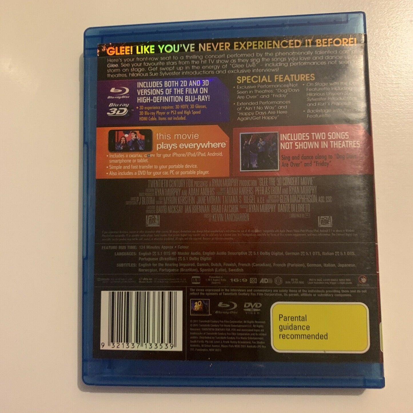 Glee - The 3D Concert (Bluray 3D + DVD, 2011) Lea Michele, Amber Riley Region B