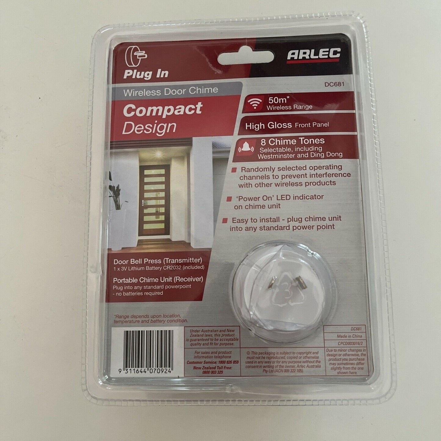 Arlec Plug In Wireless Dire Chimes Compact Design 50m Range High Gross Front