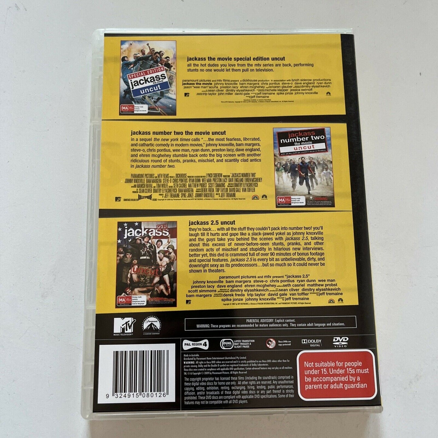 Jackass The Movie Collection: 1, 2, 2.5 (DVD, 2009, 3-Disc) Region 4