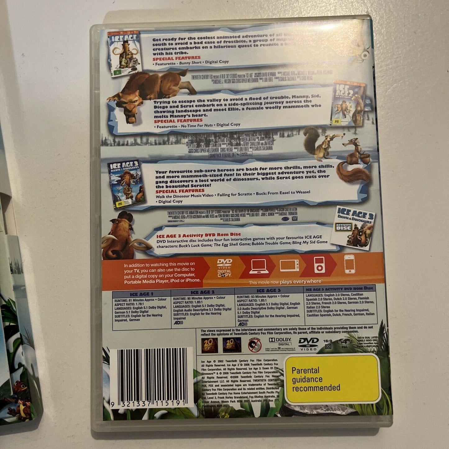 Ice Age Trilogy - 1,2,3 & Activity Disc (DVD, 2012, 4-Disc) Region 4