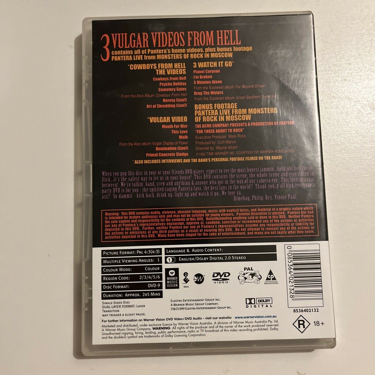 Pantera - 3 Vulgar Videos From Hell (DVD, 1999) Region 4&2