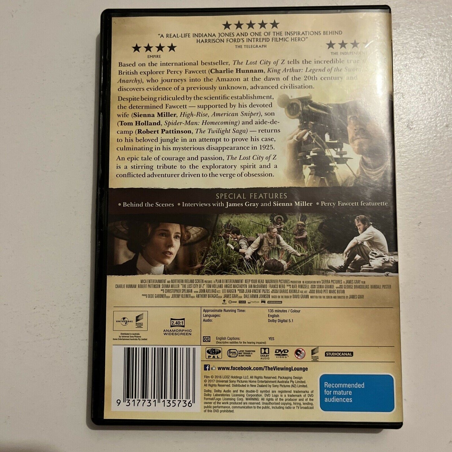 Lost City Of Z (DVD, 2016) Charlie Hunnam, Sienna Miller. Region 4