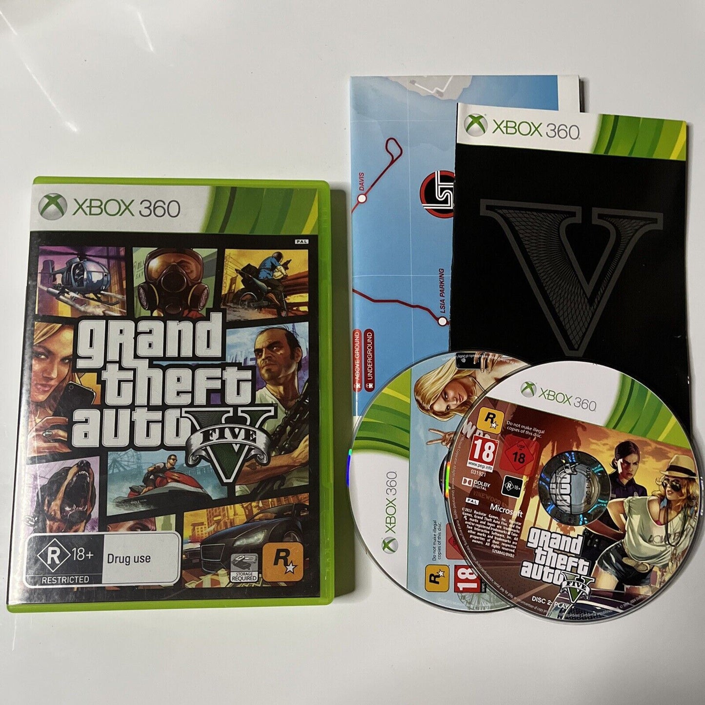 Grand Theft Auto V (Microsoft Xbox 360, 2013) With Manual Map