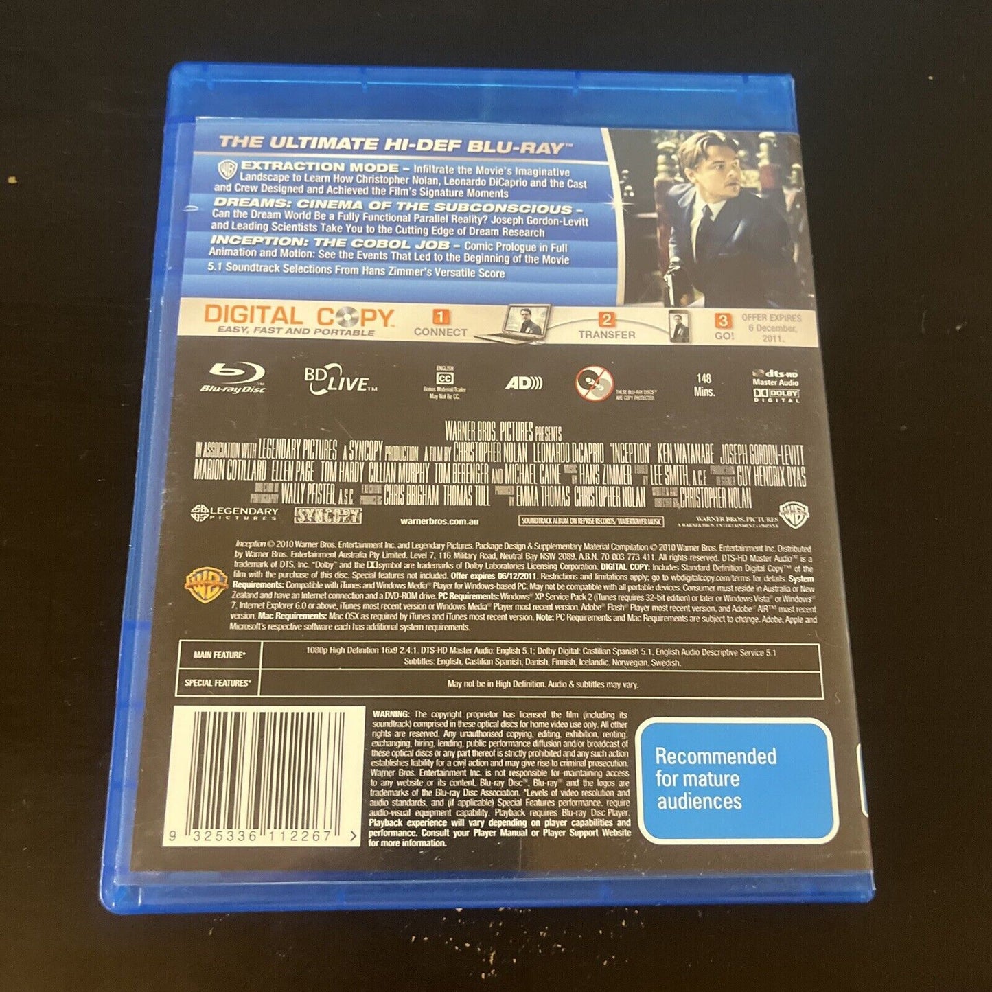 Inception (Blu-ray, 2010, 4-Disc) Leonardo DiCaprio, Region B