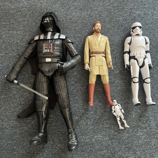 4x Star Wars Figures: 17" Darth Vader, Obi-Wan Kenobi 11", Stormtrooper 11" & 4"