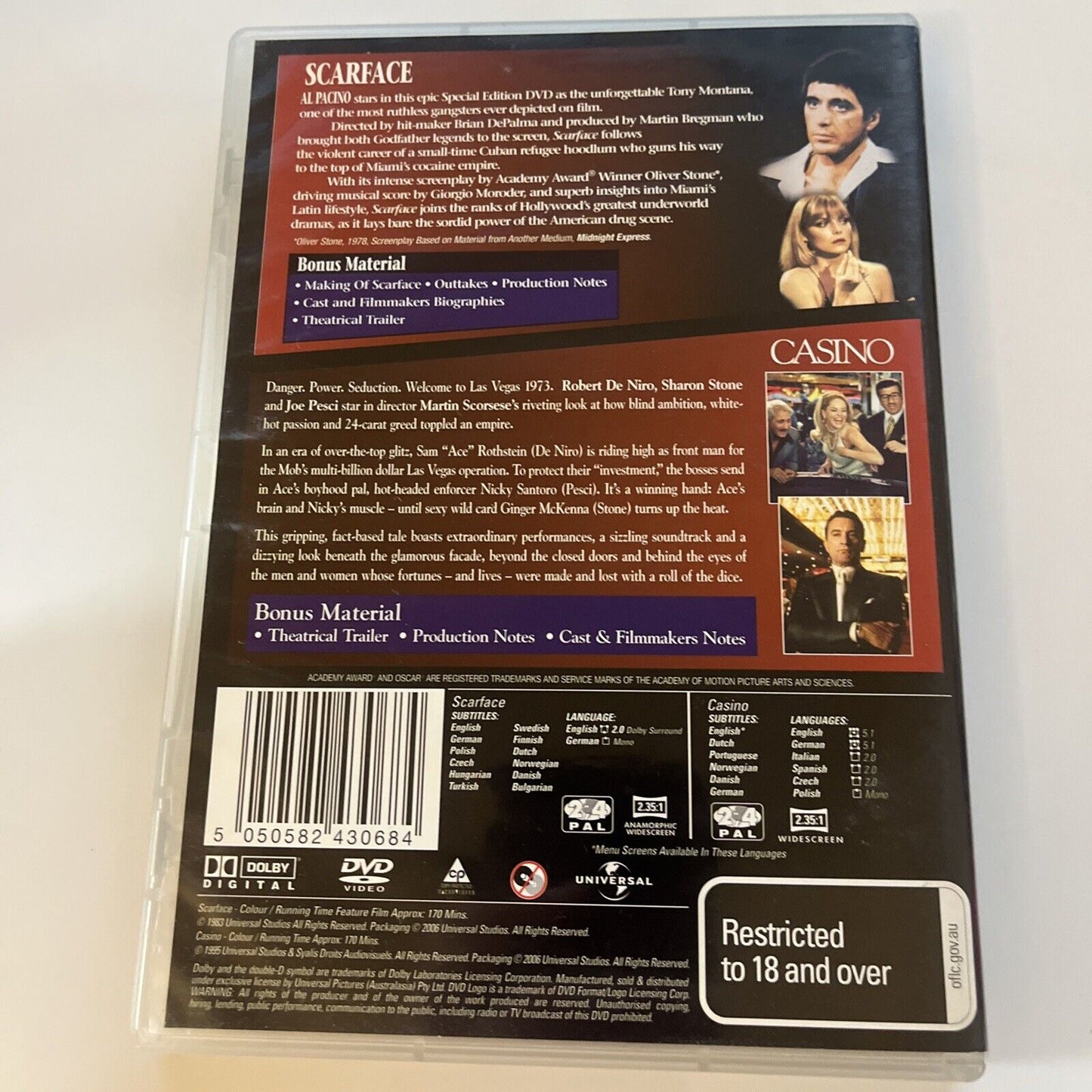 Scarface / Casino (DVD, 2-Disc) Al Pacino, Robert De Niro Region 4 &2