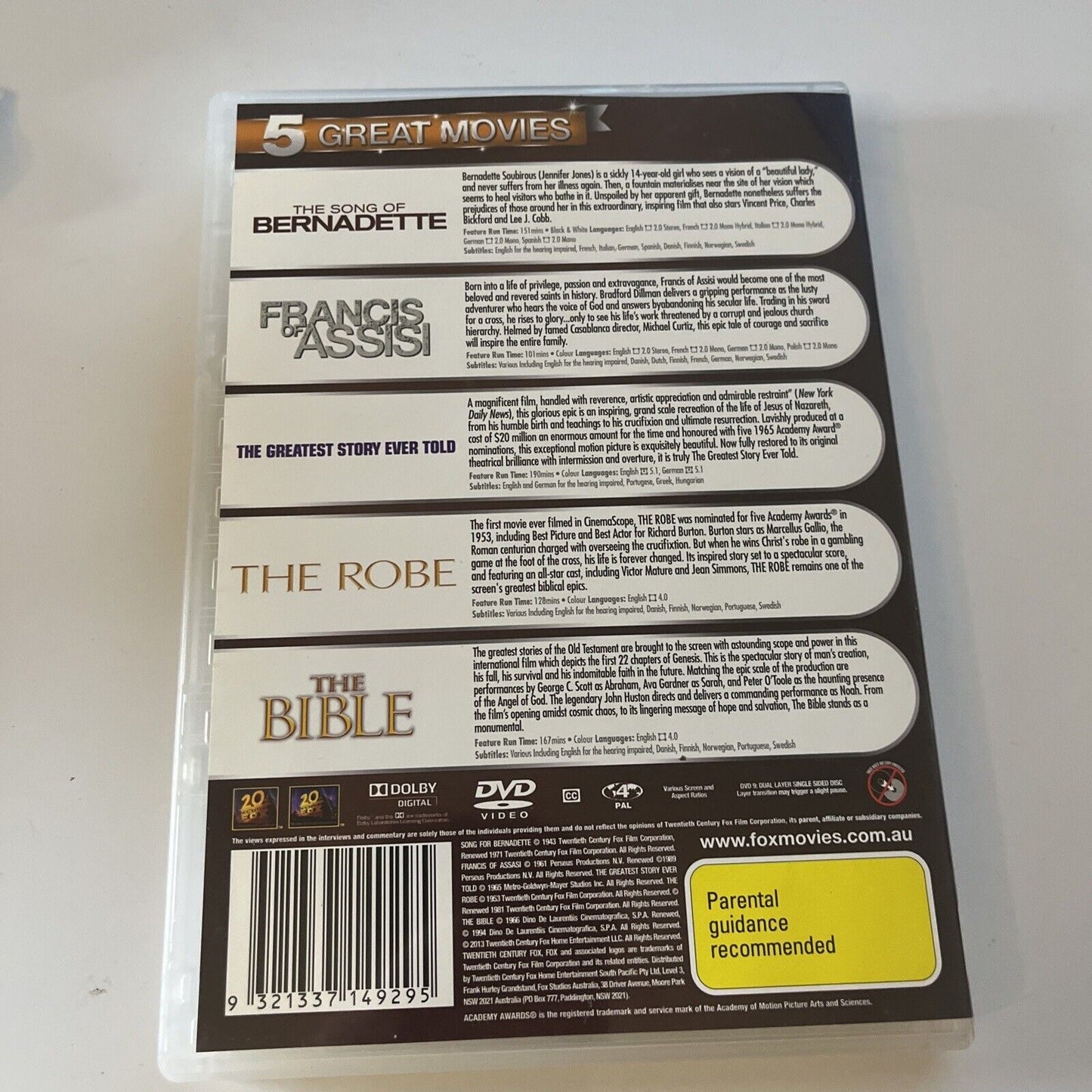 Song of Bernadette / Francis of Assisi / Bible / Robe, The Greatest Story DVD