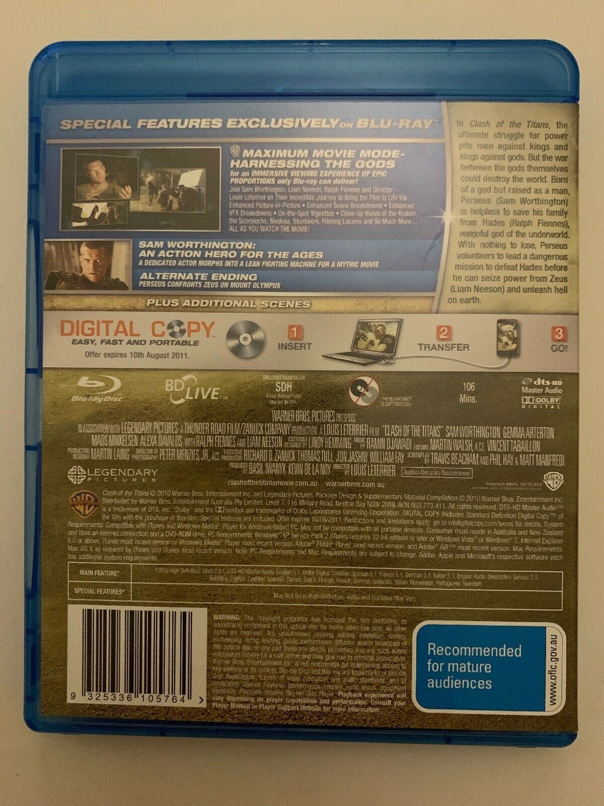 Clash Of The Titans (Blu-ray, 2010, 2-Disc Set) Sam Worthington, Liam Neeson