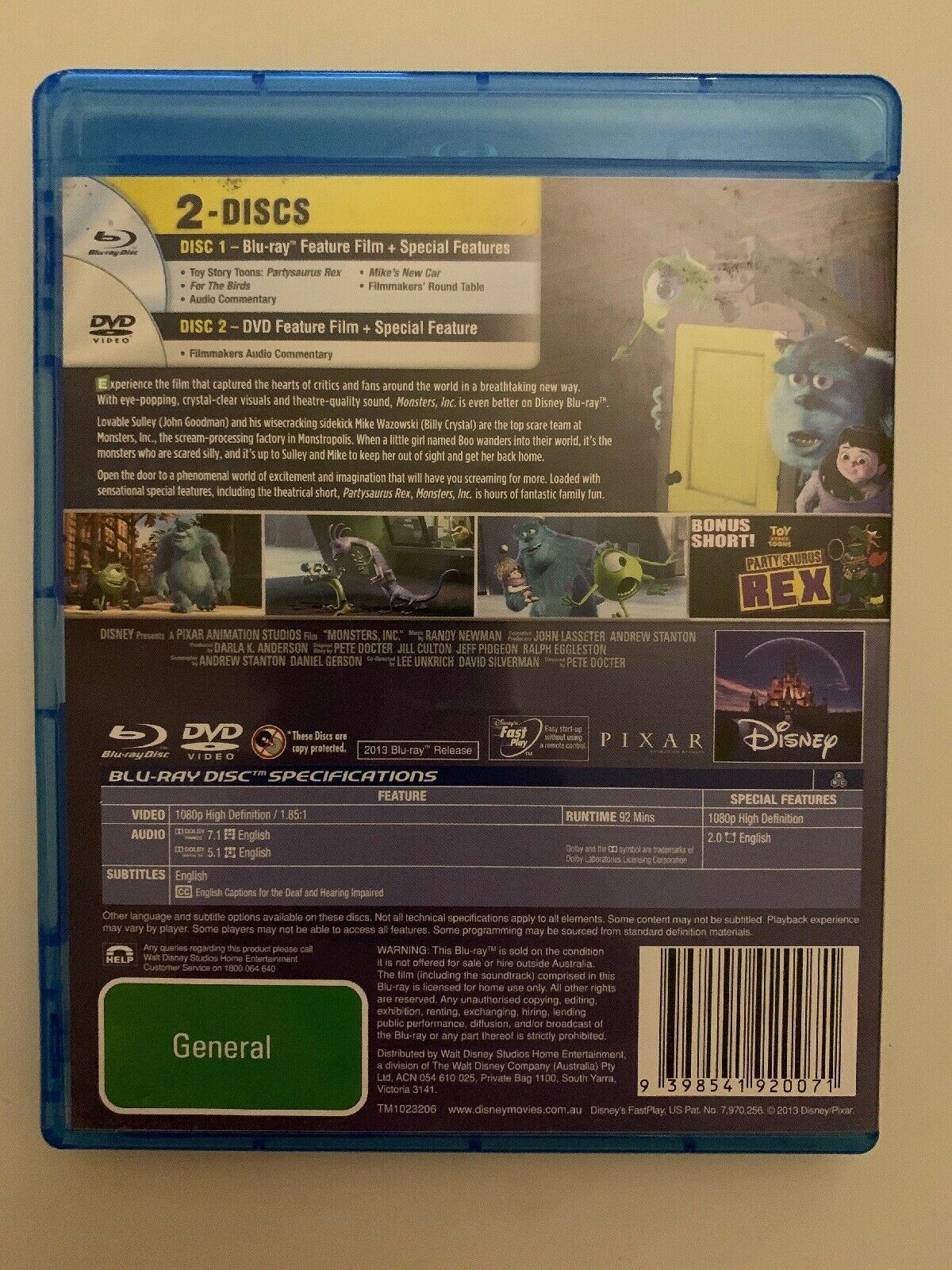 Monsters, Inc. (Bluray + DVD, 2001) Pixar Disney Animation Movie. Region B