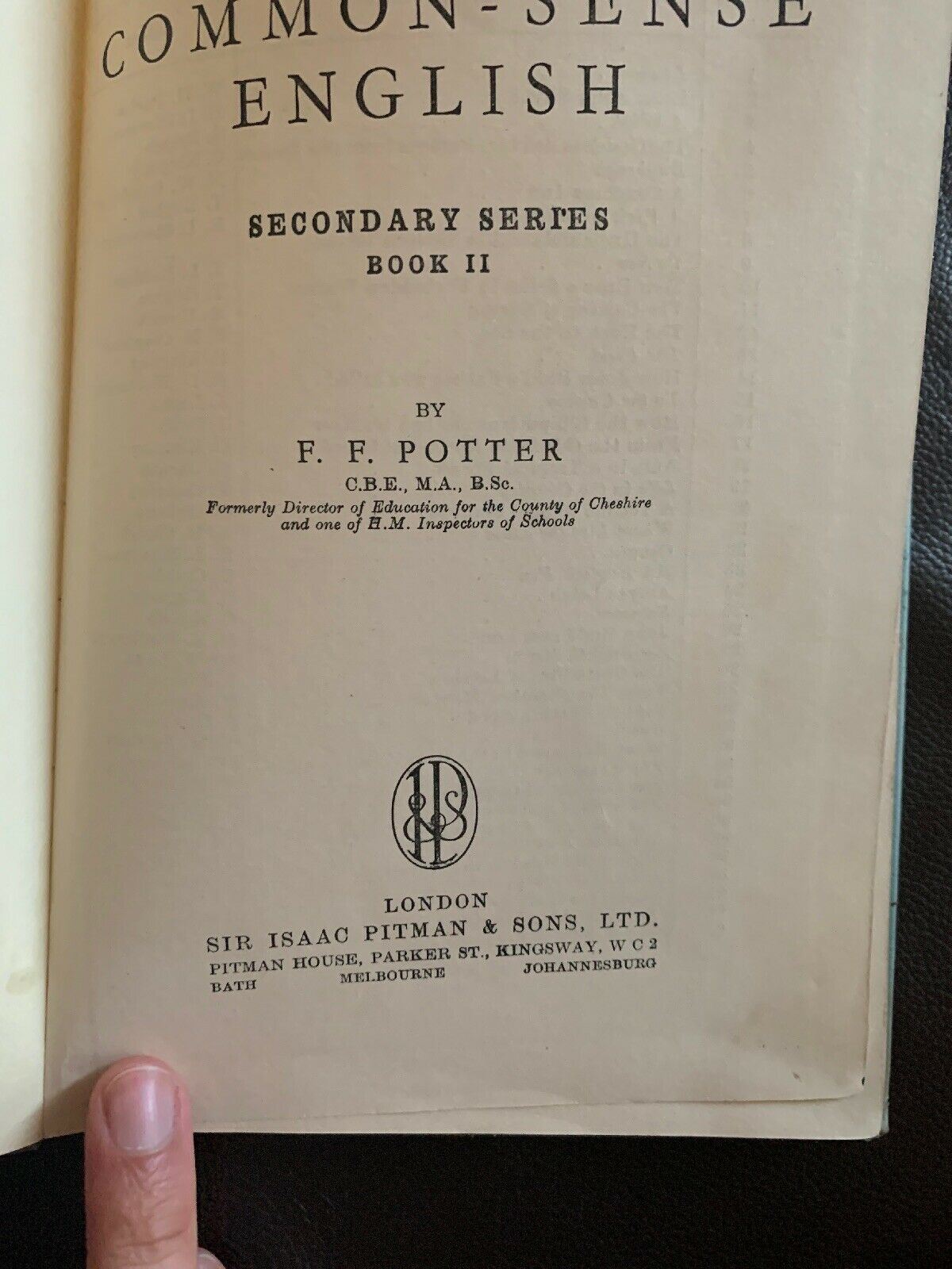 Common Sense English Secondary Book II By F.F Potter Hardcover 1947