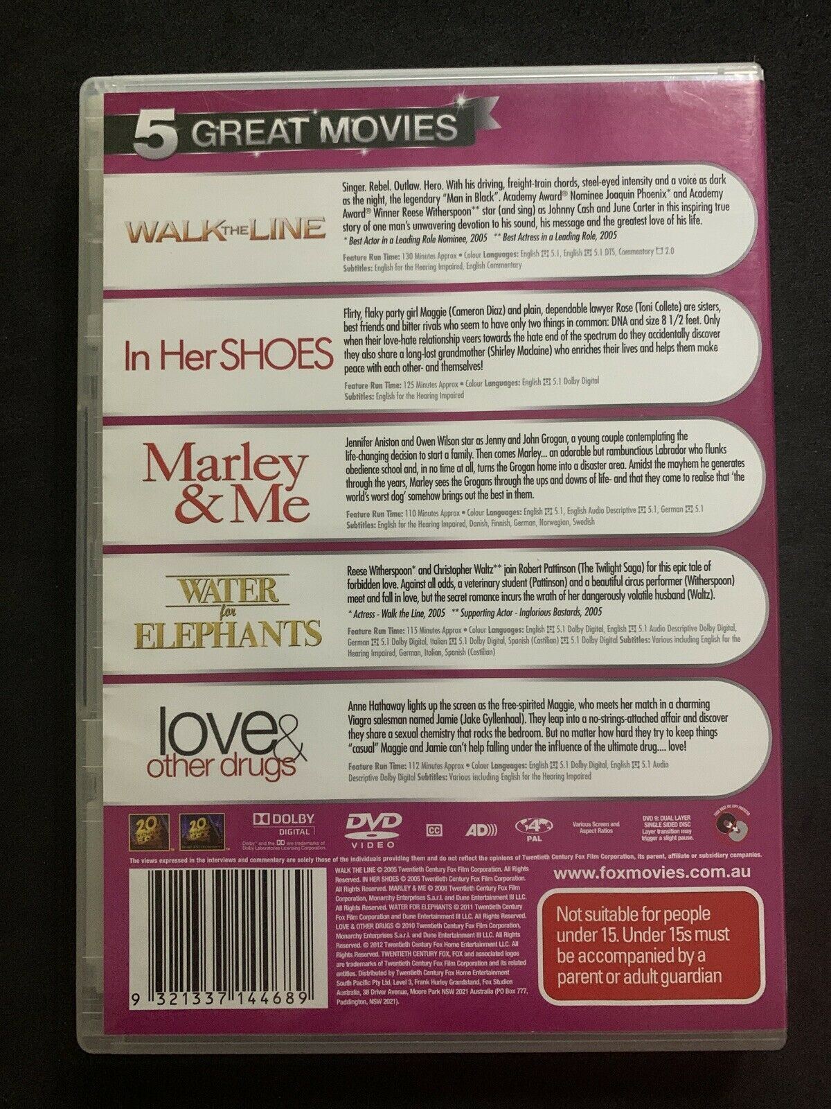 Drama / Romance 5 Pack (DVD) Walk the Line, In Her Shoes, Marley & Me, Water for