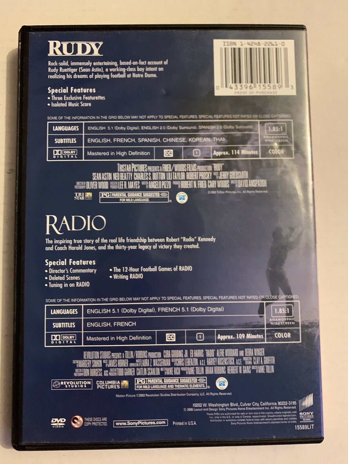 Radio / Rudy - Double Feature (DVD, 1993) Region 1