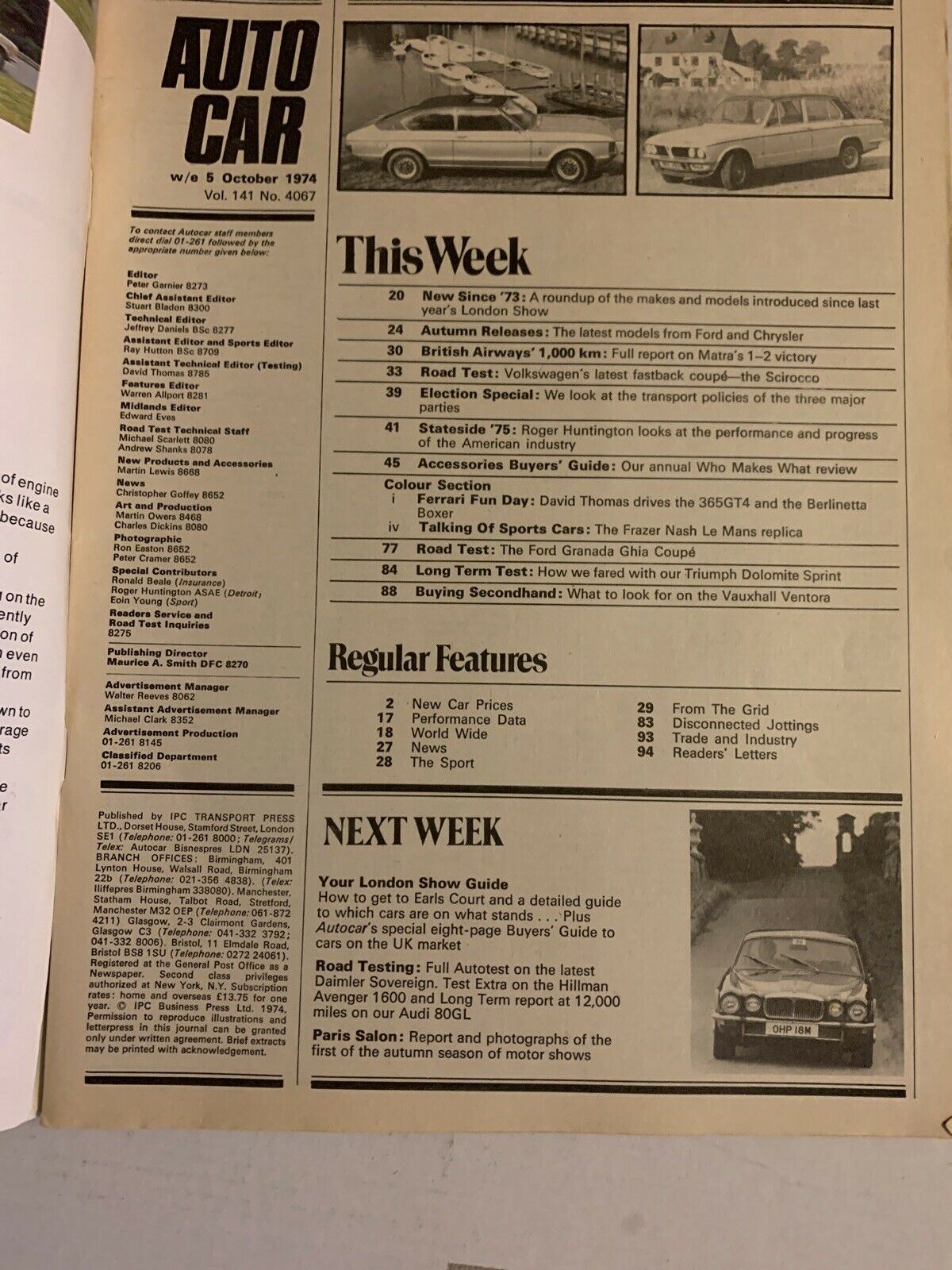 Auto Car Magazine - Oct 1974 - Accessory Buyers Directory Ferraris VW Scirocco