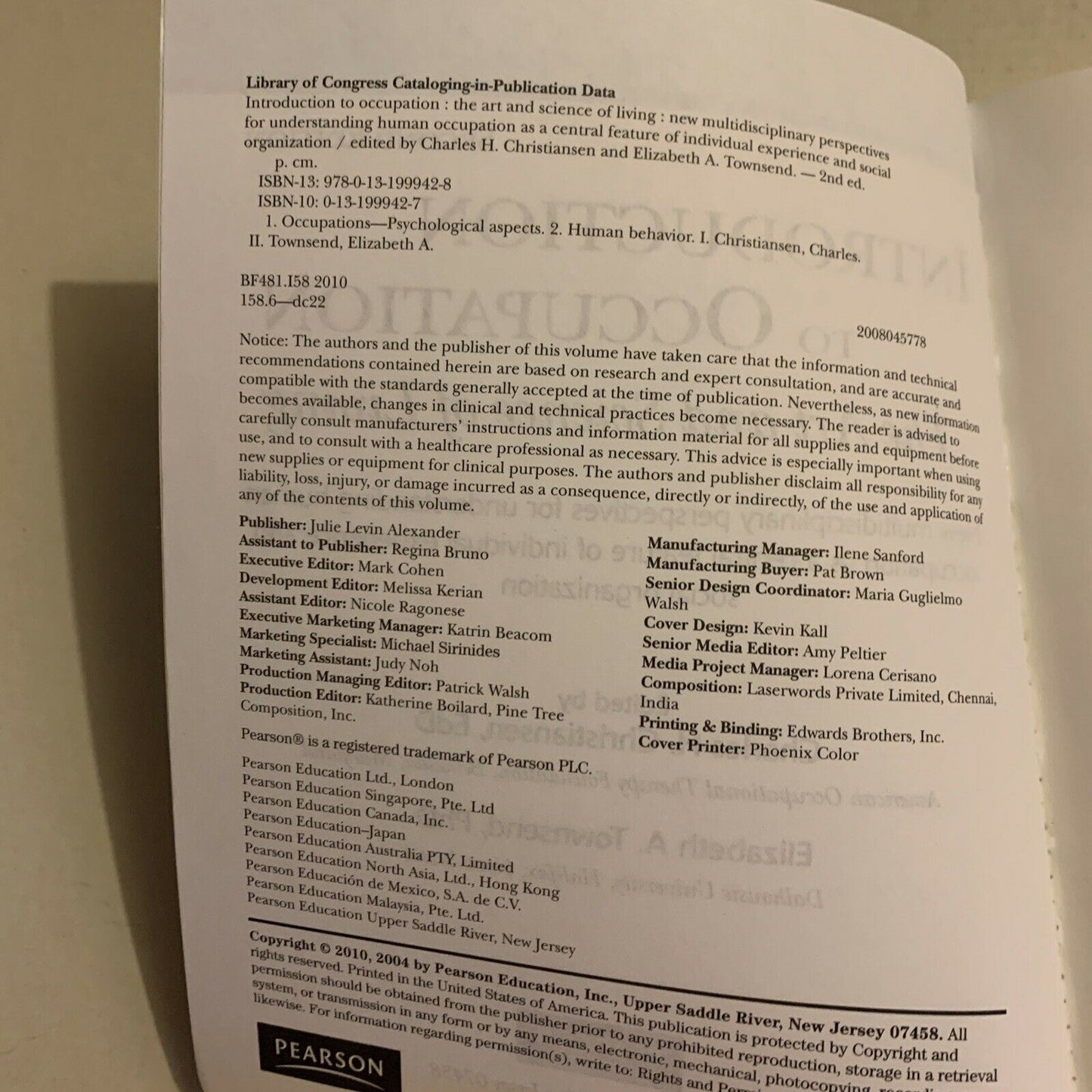 Introduction To Occupation - The Art And Science Of Living By C H Christiansen
