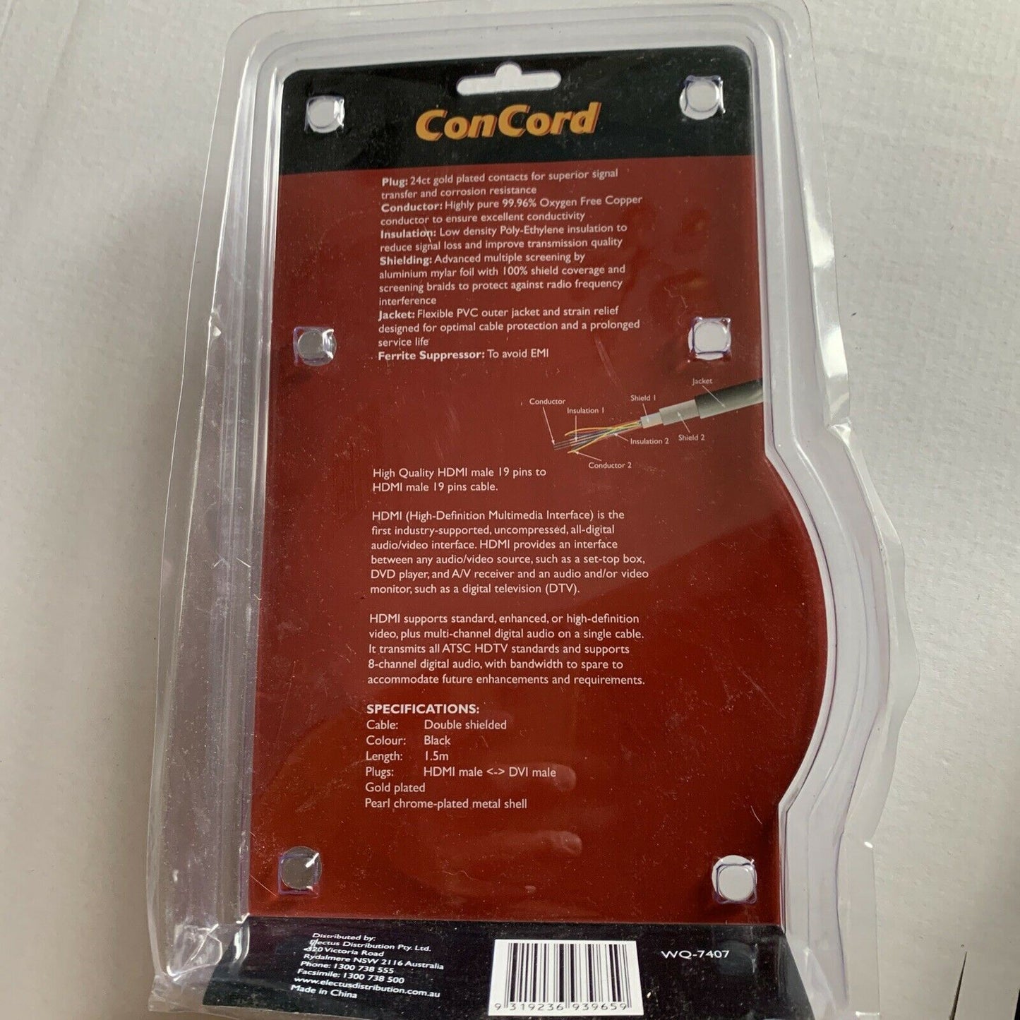 ConCord WQ-7407 HDMI To DVI 1.5m Lead (Male To Male) Double Shielded