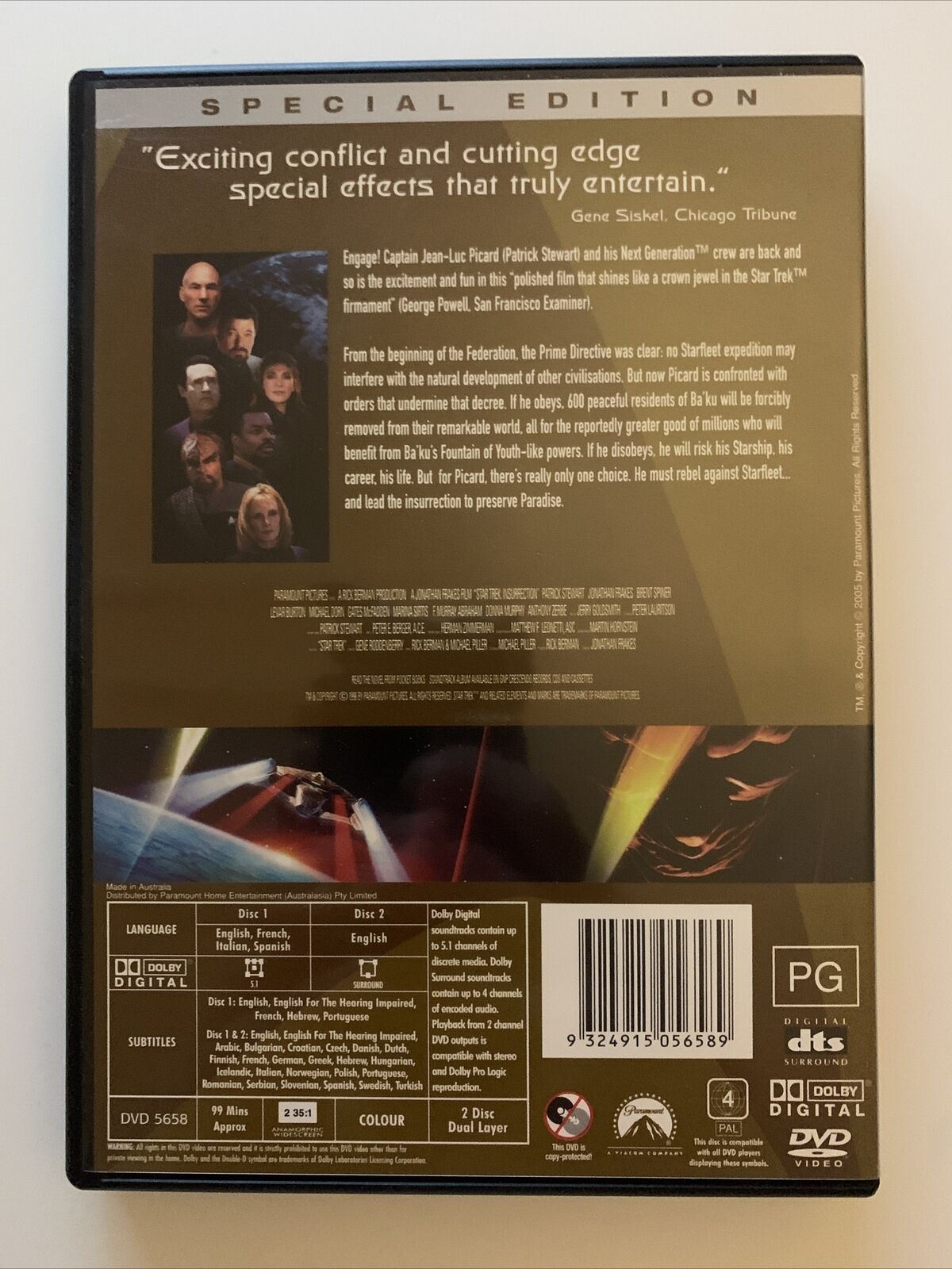 Star Trek: Insurrection - Special Edition (DVD, 1998) Patrick Stewart. Region 4