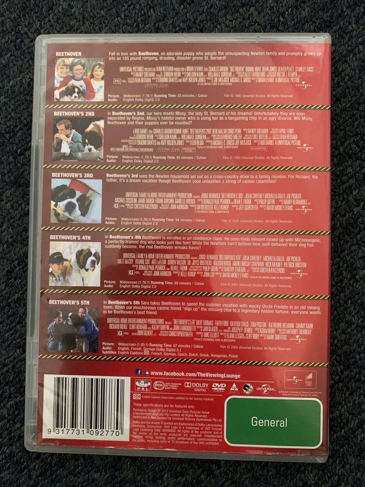 Beethoven 1,2,3,4,5 Movie Collection (DVD, 3 Disc Set) Region 2&4