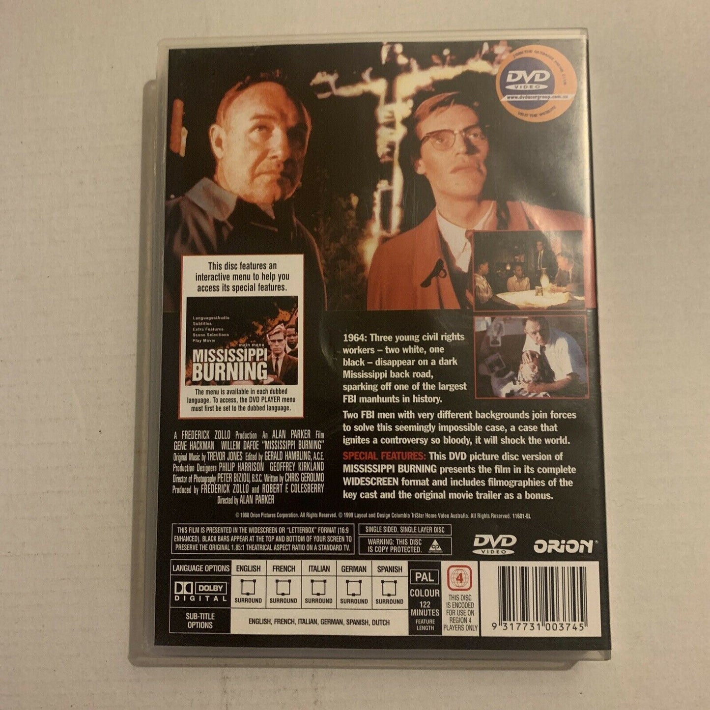 Mississippi Burning (DVD, 1988) Gene Hackman, Willem Dafoe. Region 4,2
