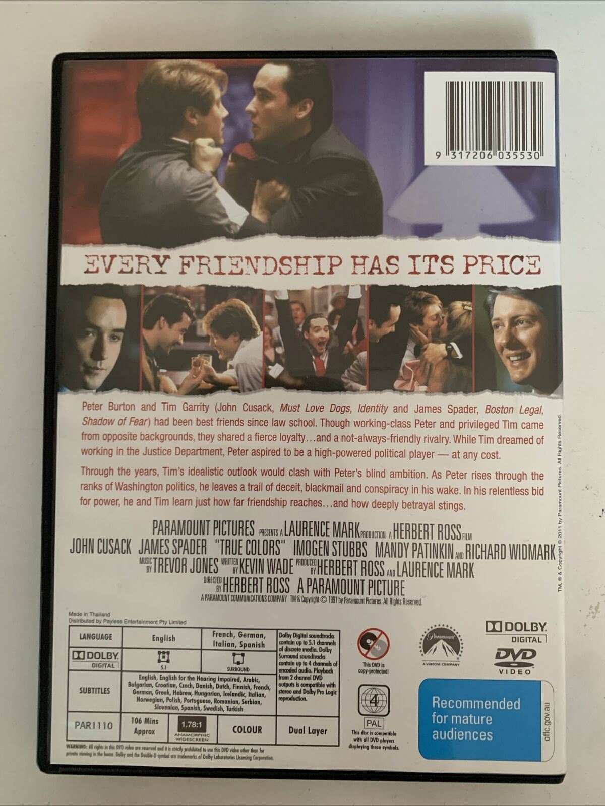 True Colors (DVD, 1991) John Cusack, James Spader, Imogen Stubbs. Region 4