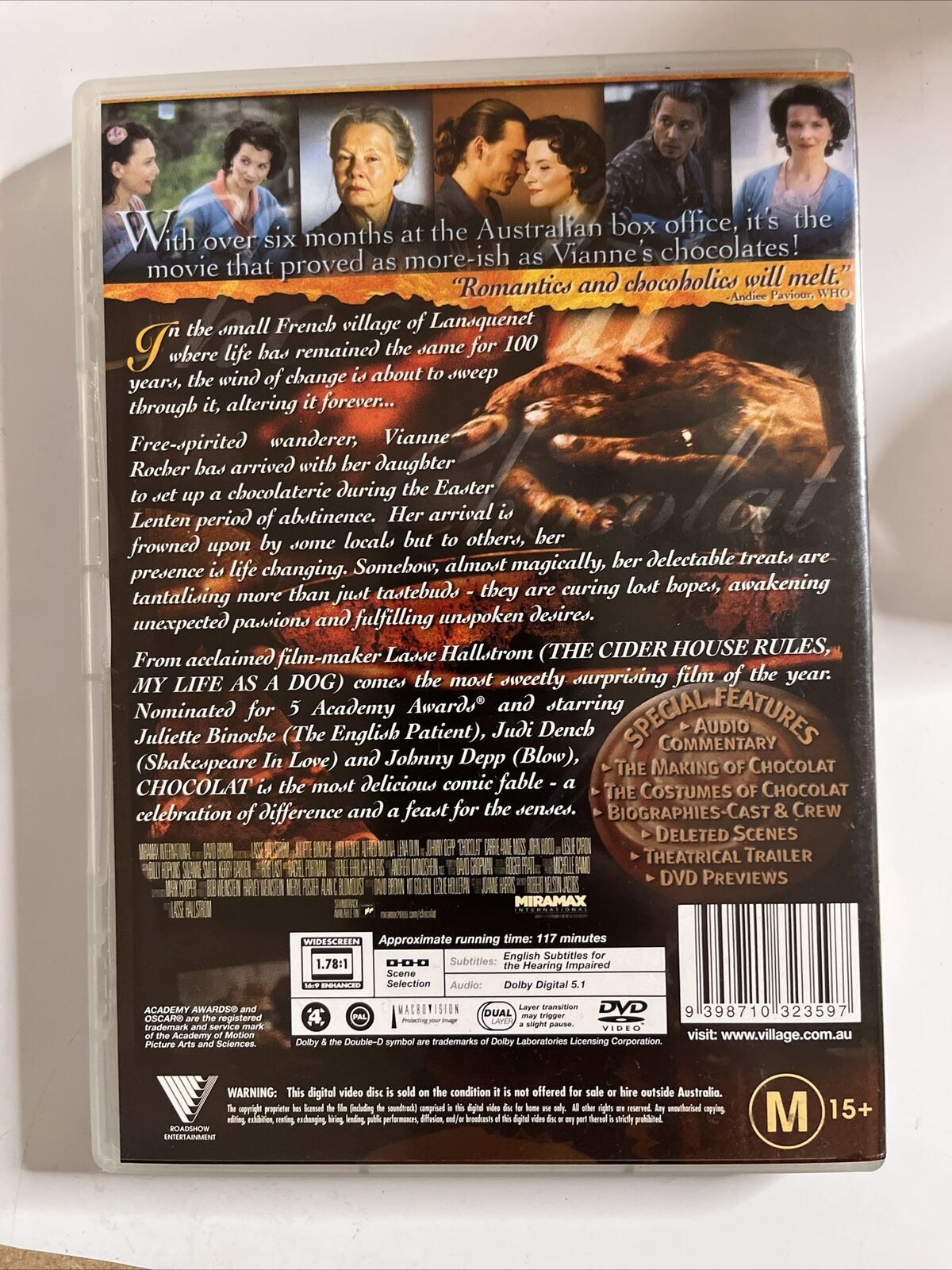 Chocolat (DVD, 2000) Johnny Depp, Juliette Binoche, Judi Dench NEW Region 4