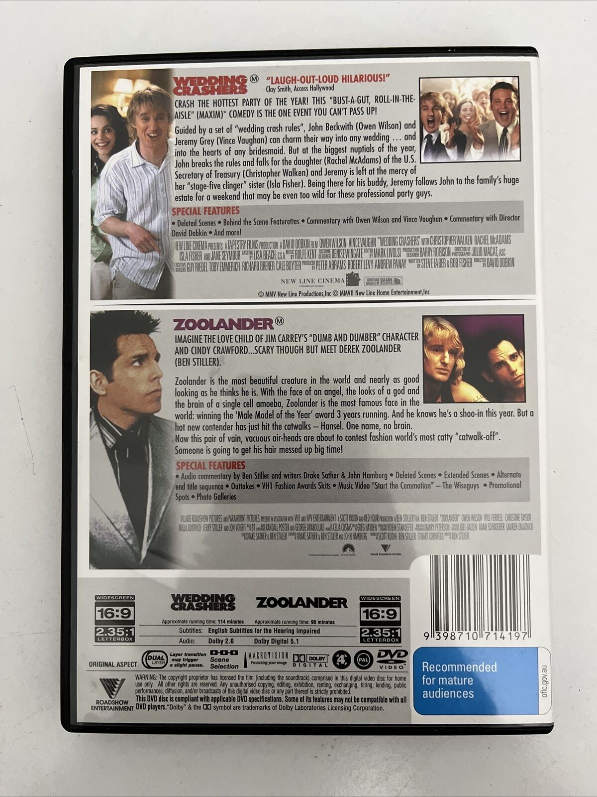 Wedding Crashers / Zoolander (DVD, 2005) Ben Stiller, Owen Wilson. Region 4 NEW