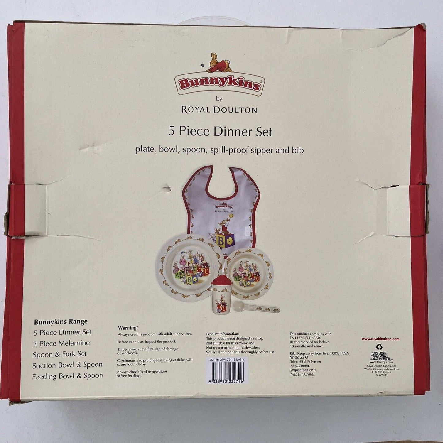 NEW Bunnykins Baby Dinner Set by Royal Doulton - 5 Pieces (ABC Red)