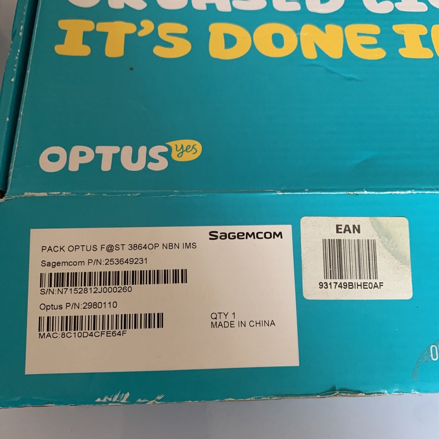 Optus NBN WiFi Modem Router Fast 3864OP