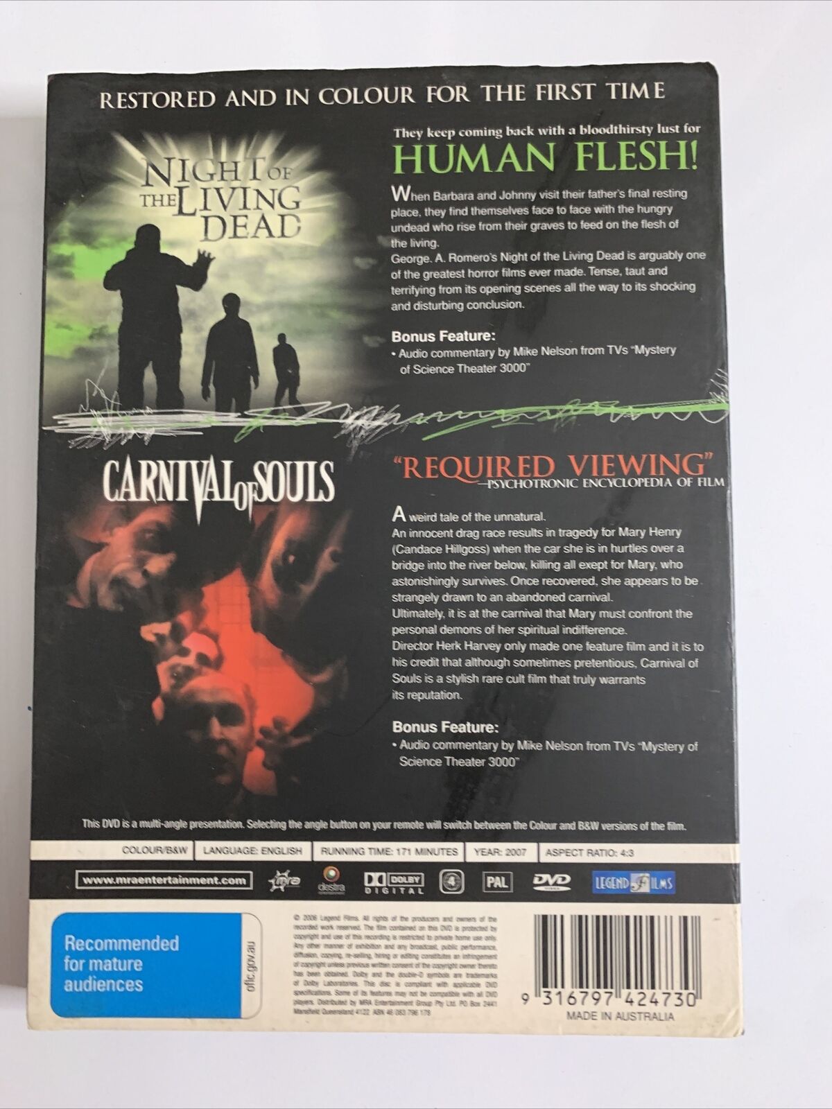 Night of the Living Dead / Carnival of Souls (DVD, 1968) Horror FIlm Region 4