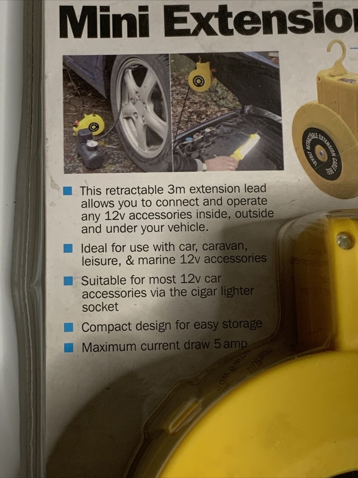 12 Volt Retractable 3 Metre Mini Extension Cable Reel NEW