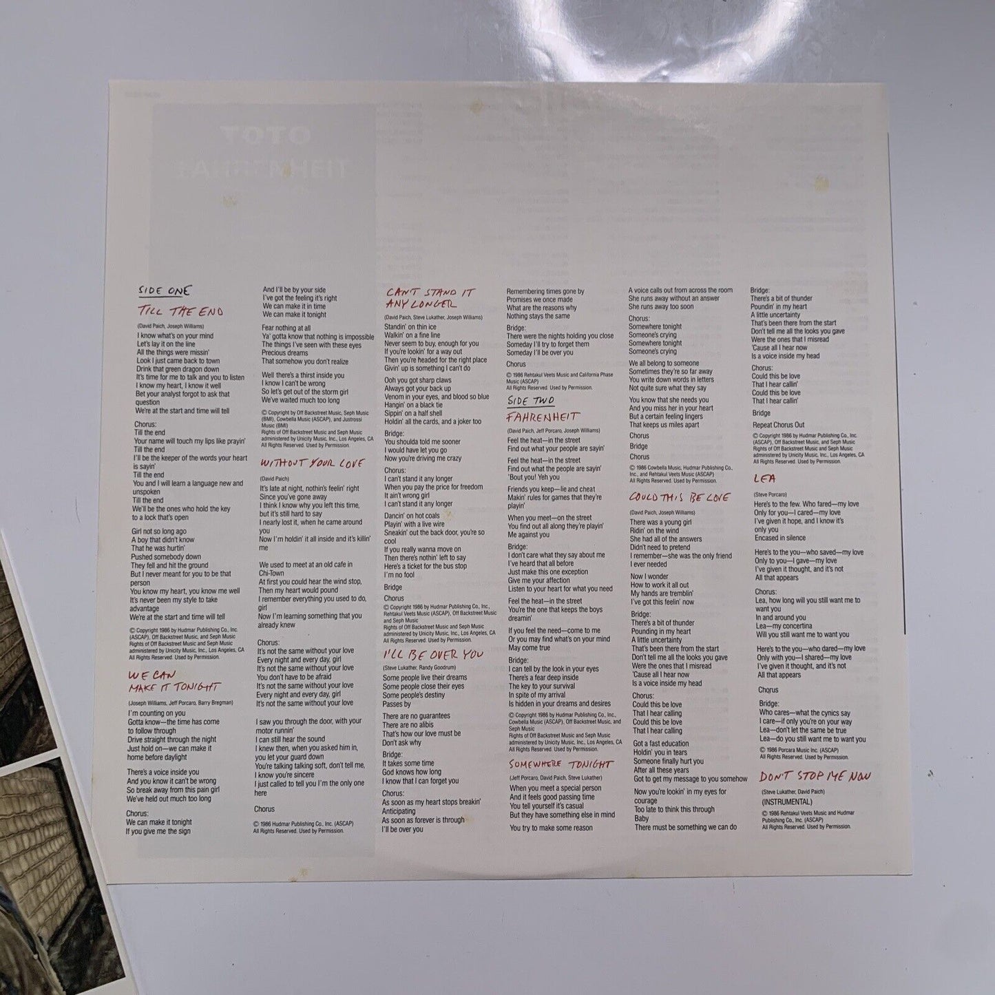 Toto - Fahrenheit LP 1986 Vinyl Record 28AP 3222