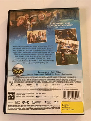 Wonder (DVD, 2017) Julia Roberts, Owen Wilson, Jacob Tremblay Region 4 NEW