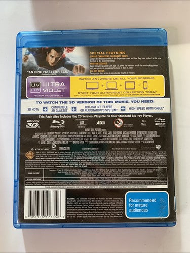 Man of Steel 3D (Blu-ray 3D + 2D, 2013, 3-Disc) Henry Cavill Region B