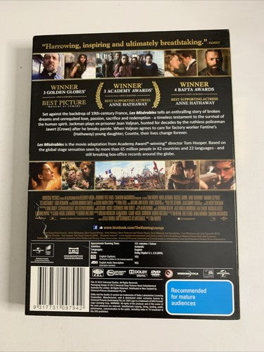 Les Miserables (DVD, 2012) Anne Hathaway, Hugh Jackman, Russell Crowe Region 4