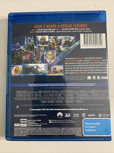Transformers: Age of Extinction 3D (Blu-ray 3D + 2D, 2014, 3-Disc) All Regions