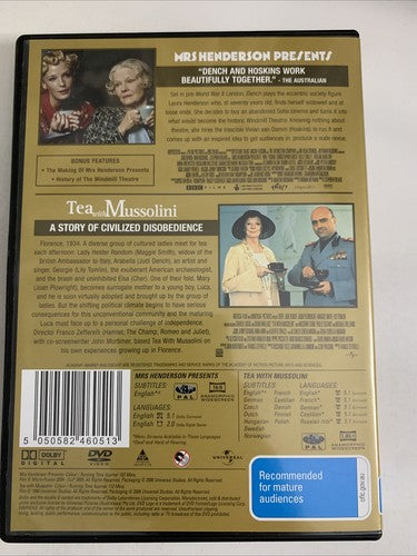 Mrs Henderson Presents / Tea With Mussolini (DVD, 2005) Region 4