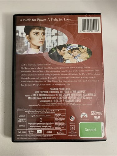 War and Peace (DVD, 1956) Audrey Hepburn, Henry Fonda, John Mills Region 4