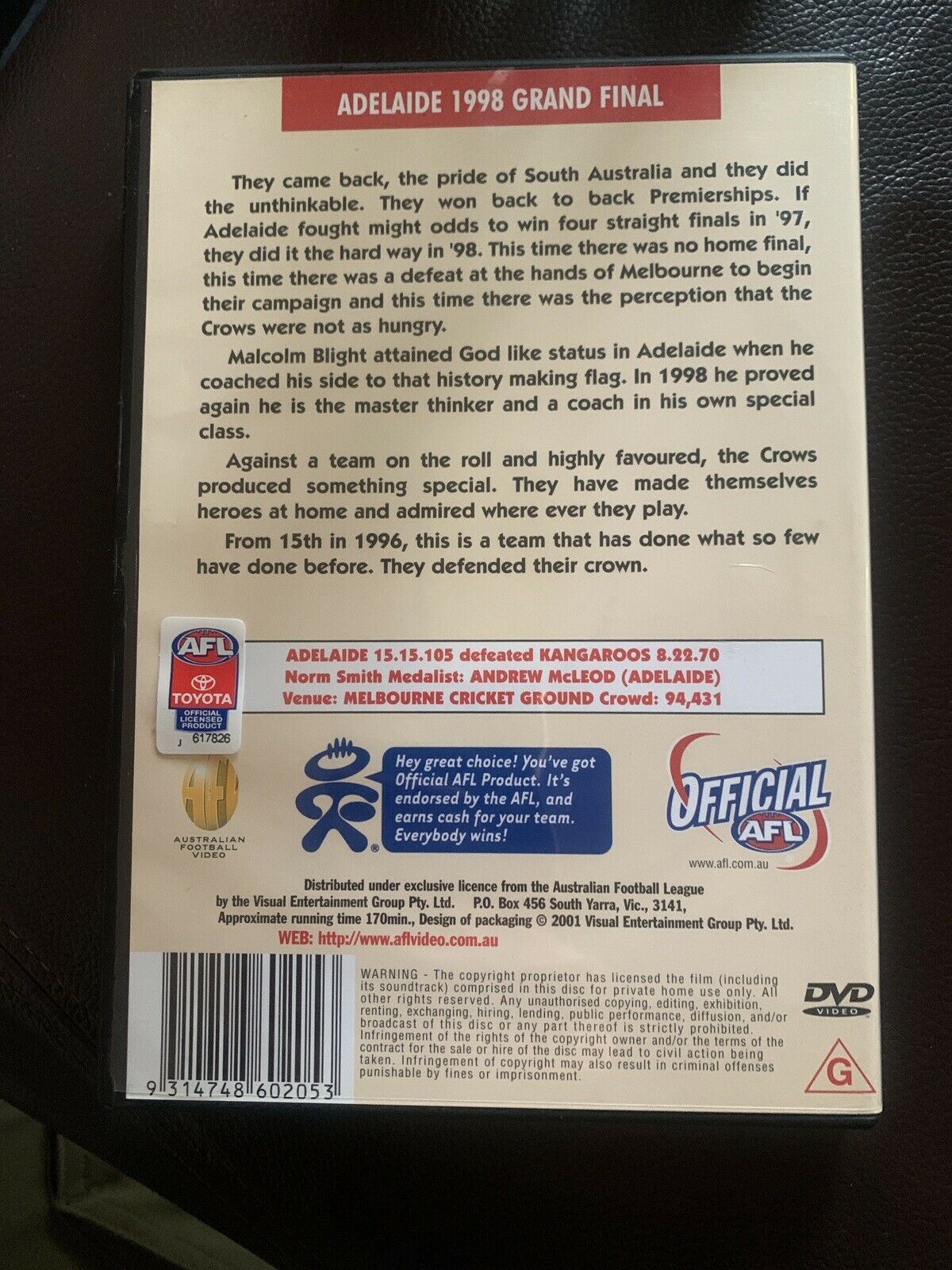 AFL Premiers 1998 - Adelaide (DVD, 1998) Region Free