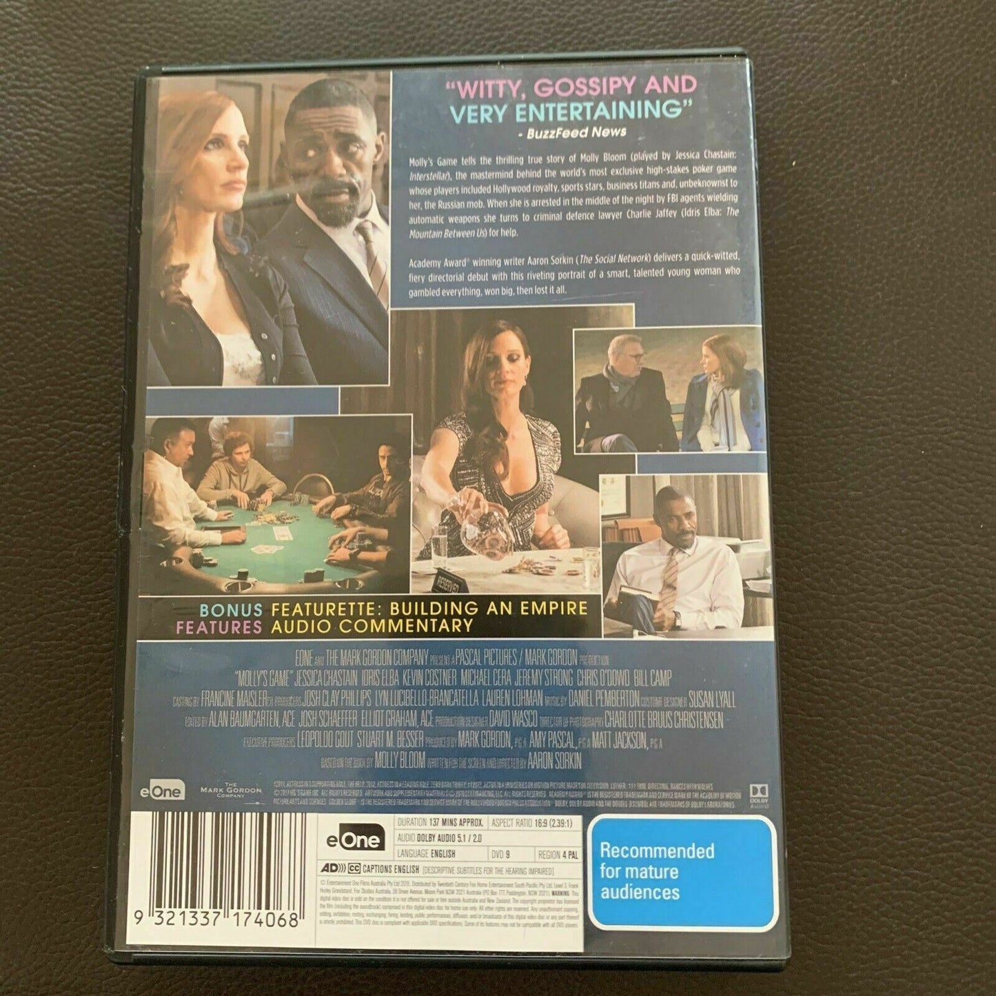 Molly's Game (DVD, 2017) Region 4. Idris Elba, Jessica Chastain