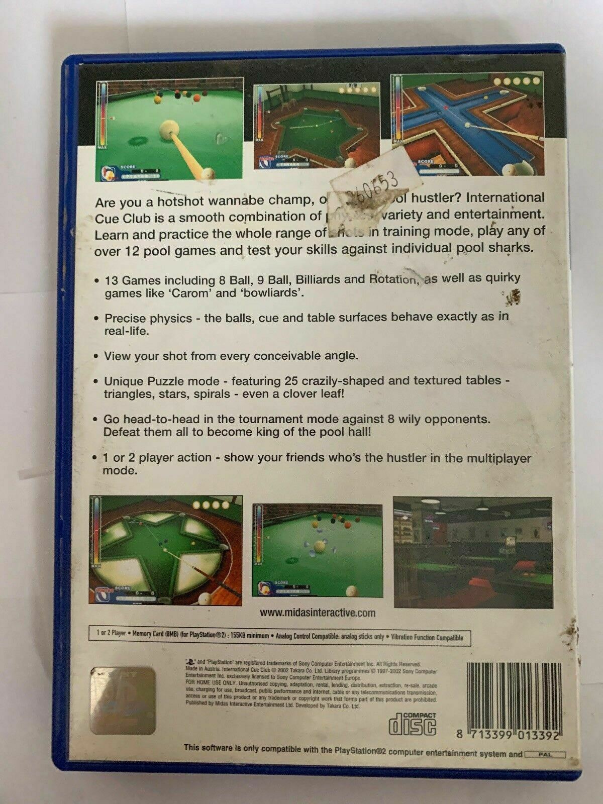 International Cue 8 Club PlayStation 2 PS2 Pal