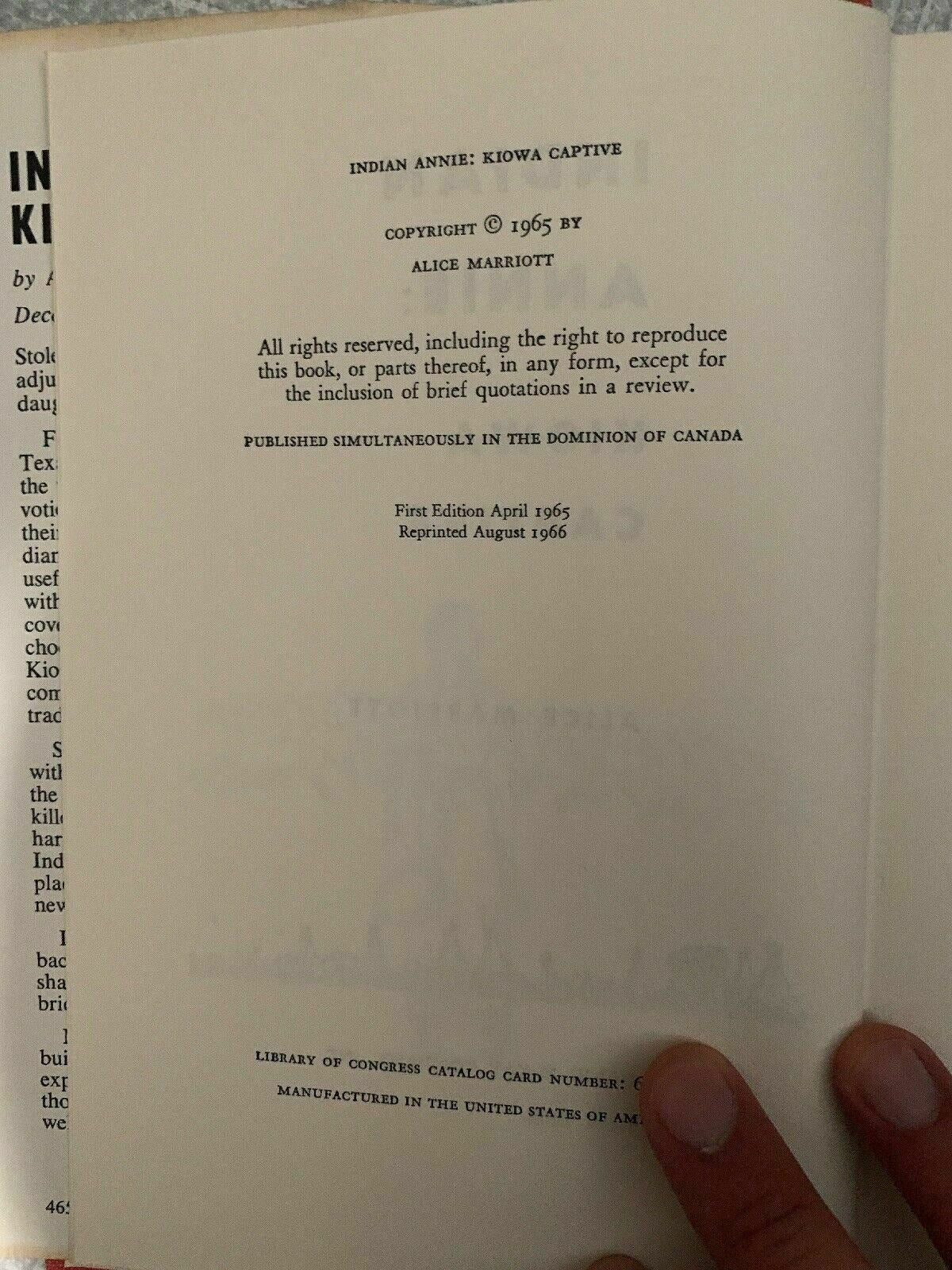 Indian Annie: Kiowa Captive by Alice Marriott (1966) First Edition Vintage Book