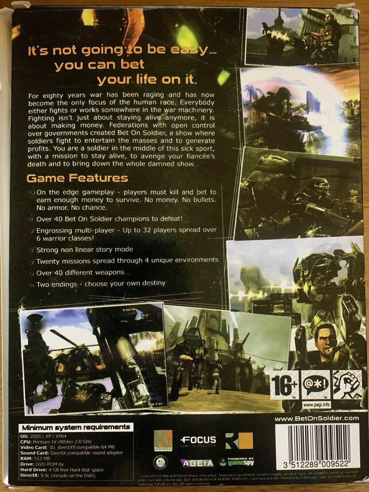 B. O. S. Bet On Soldier - PC DVD Windows Game