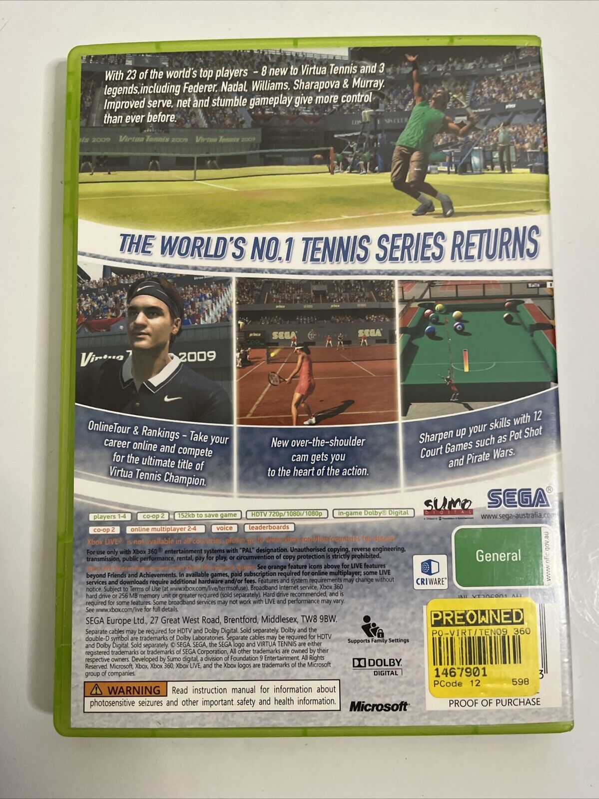 Virtua Tennis 2009 Microsoft XBOX 360 PAL Sega  Game