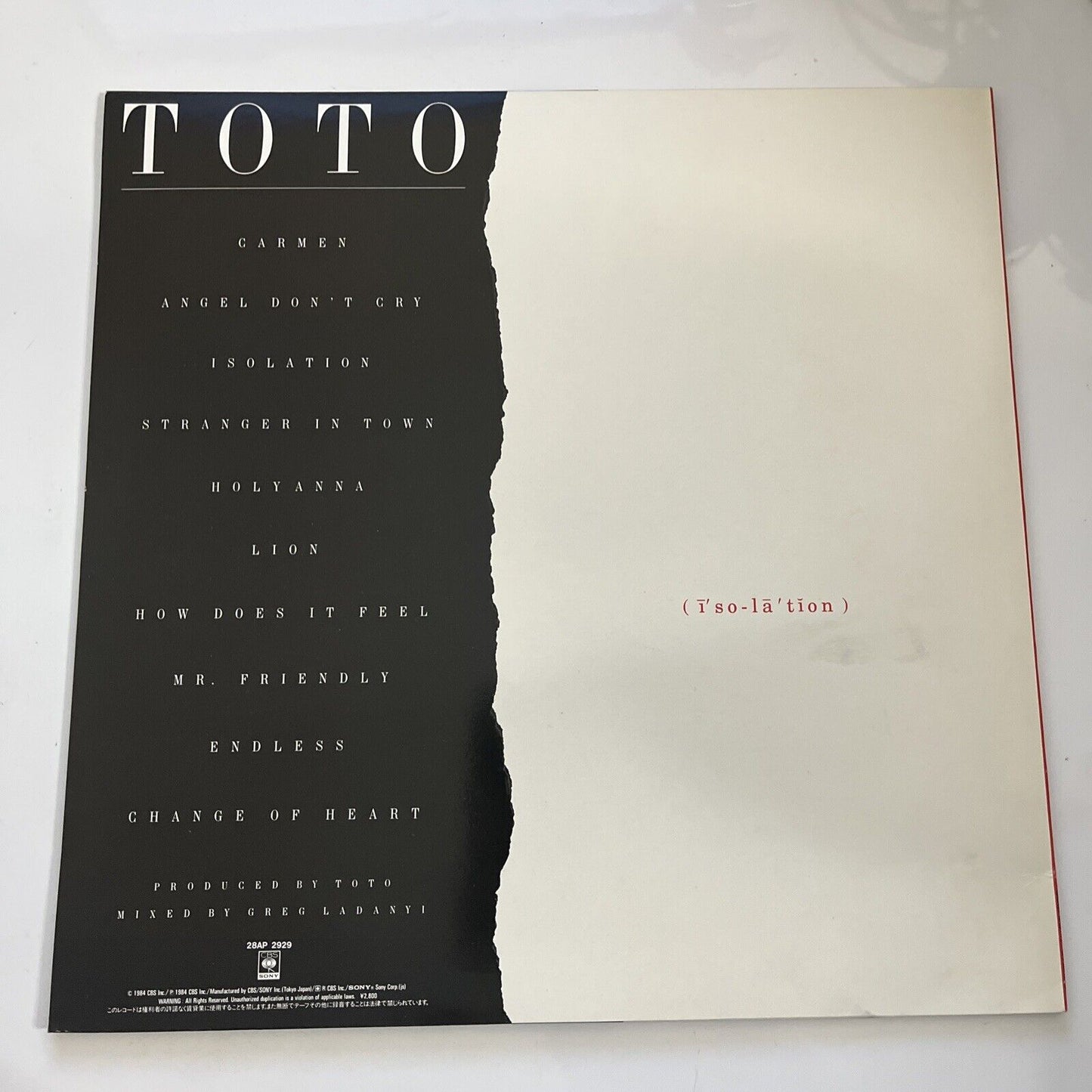 Toto – Isolation 1984 LP Vinyl CBS Sony Records 28AP 2929