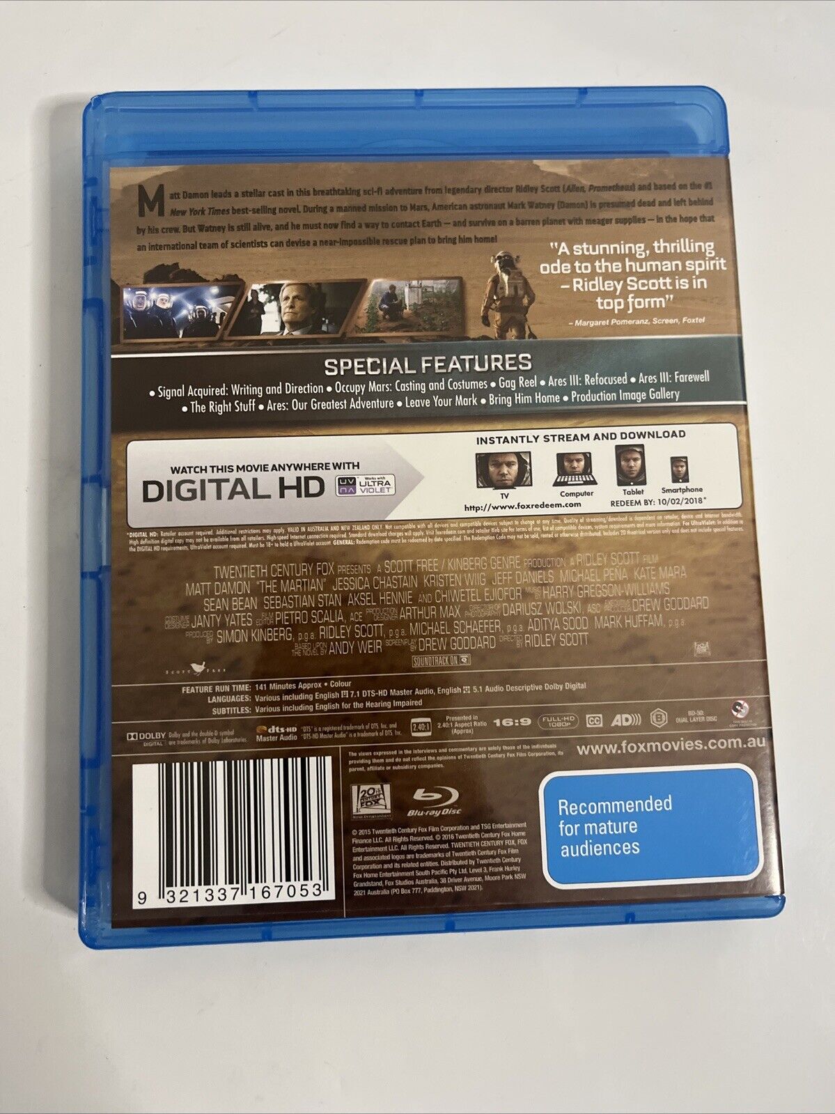 The Martian (Blu-ray, 2014) Matt Damon Region B