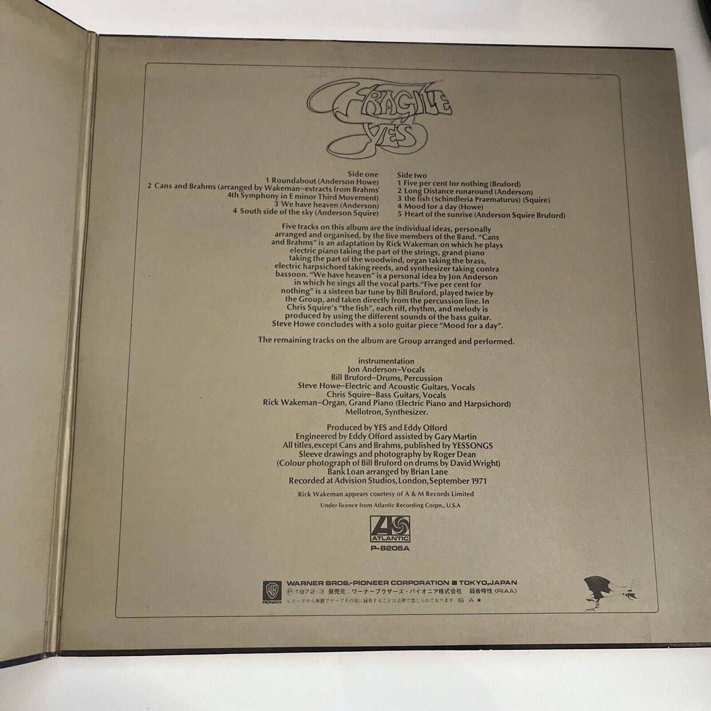 Yes – Fragile 1976 LP Vinyl Record Gatefold Atlantic P-8206A